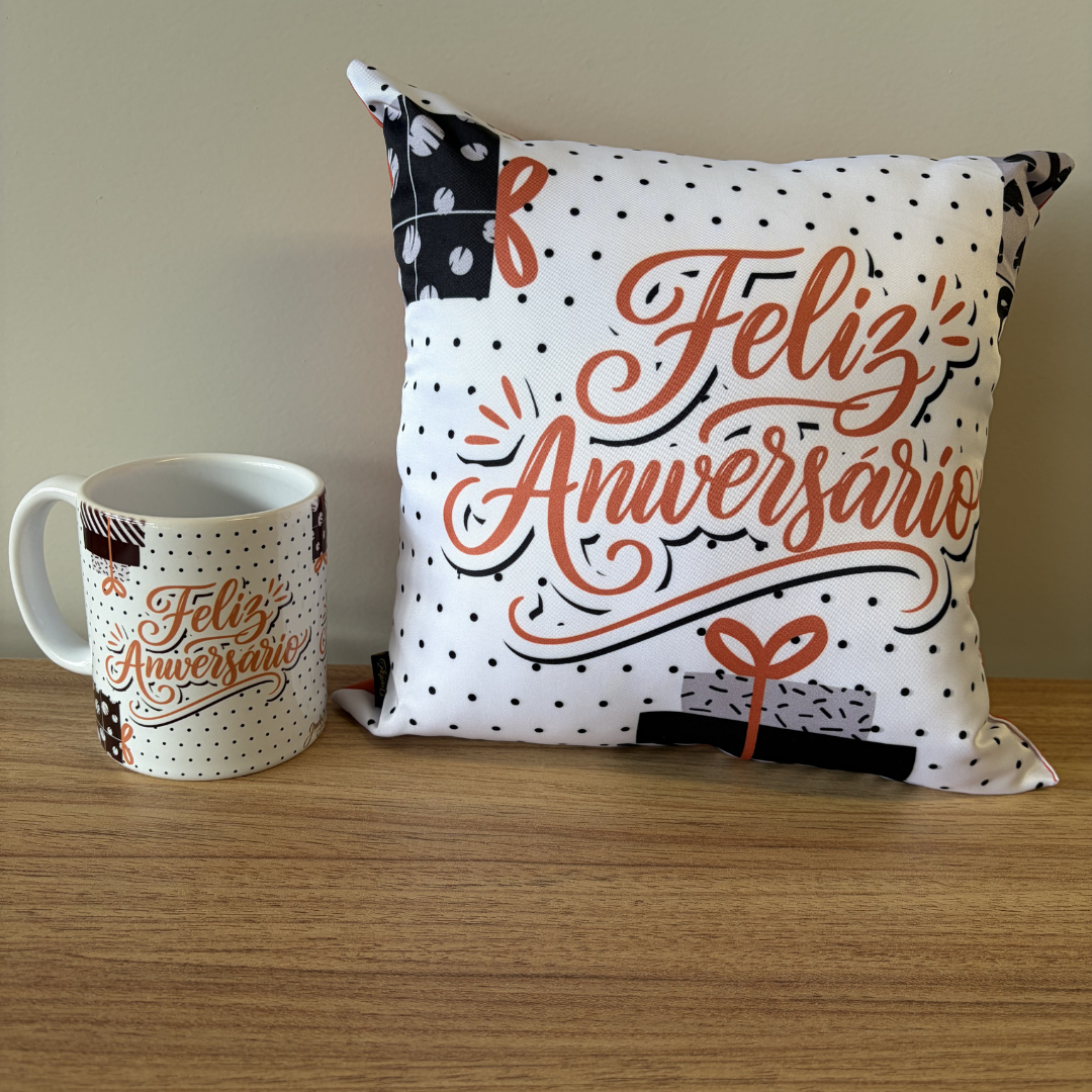 Kit almofada quadrada + Caneca - Feliz aniversário - KIT876