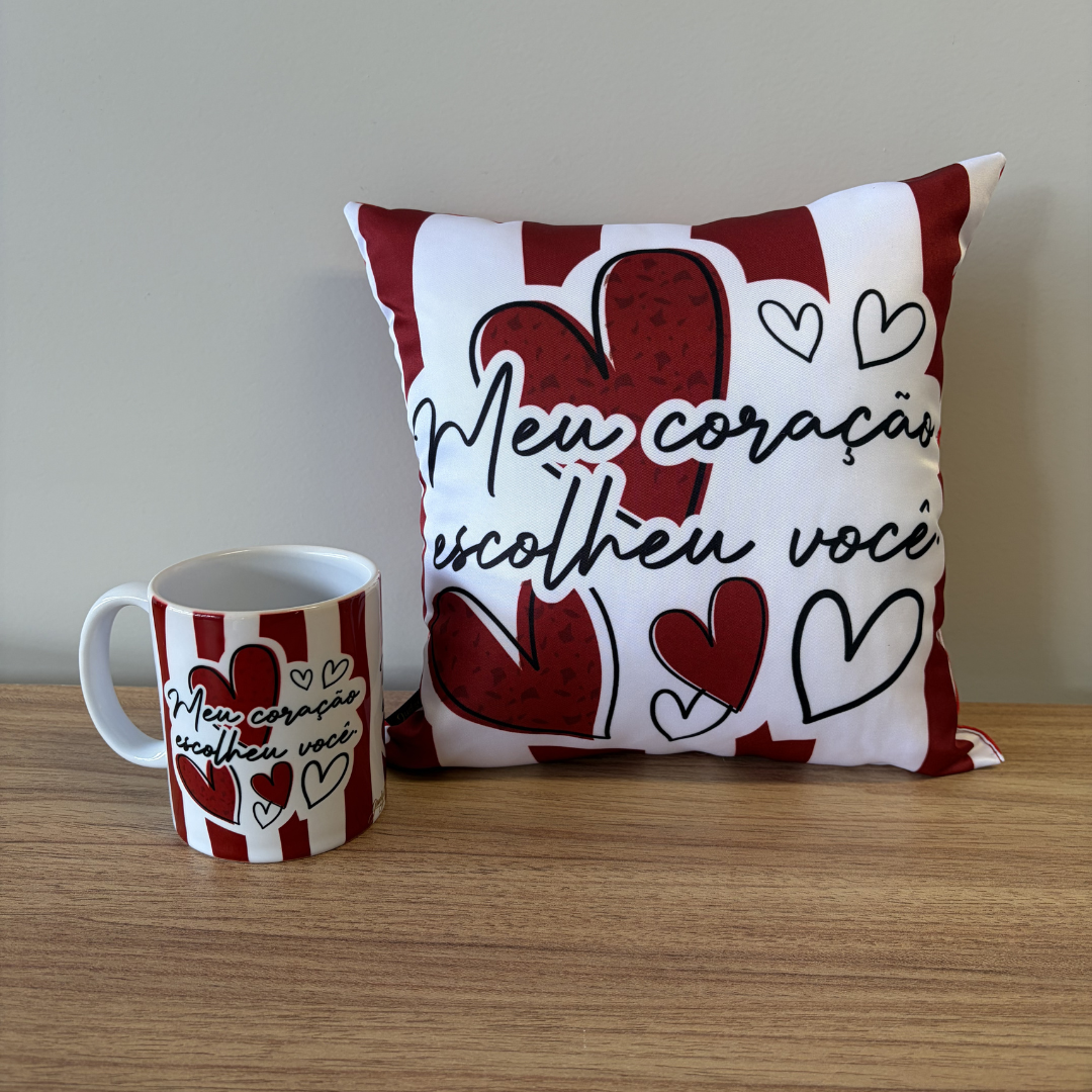 Kit almofada quadrada + Caneca - Meu coração escolheu você - KIT874