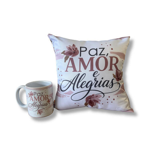 Kit almofada quadrada + Caneca- Paz, amor e alegrias - KIT885
