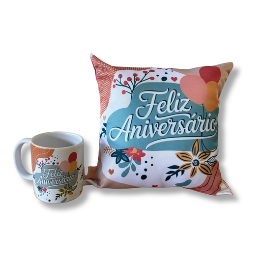 Kit almofada quadrada + Caneca - Feliz aniversário - KIT878