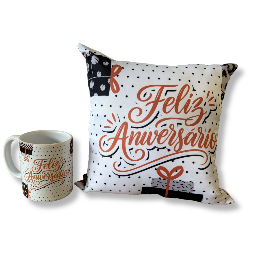 Kit almofada quadrada + Caneca - Feliz aniversário - KIT876