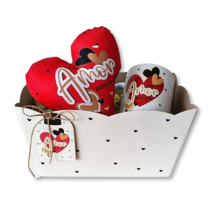 Combo866 - Caneca + Cachepô duplo + mini almofada coração - Com amor para você