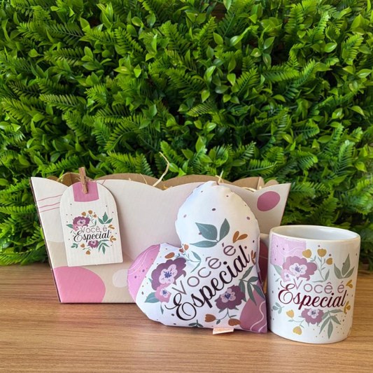 Combo867 - Caneca + cachepô duplo + mini almofada coração - Você é especial