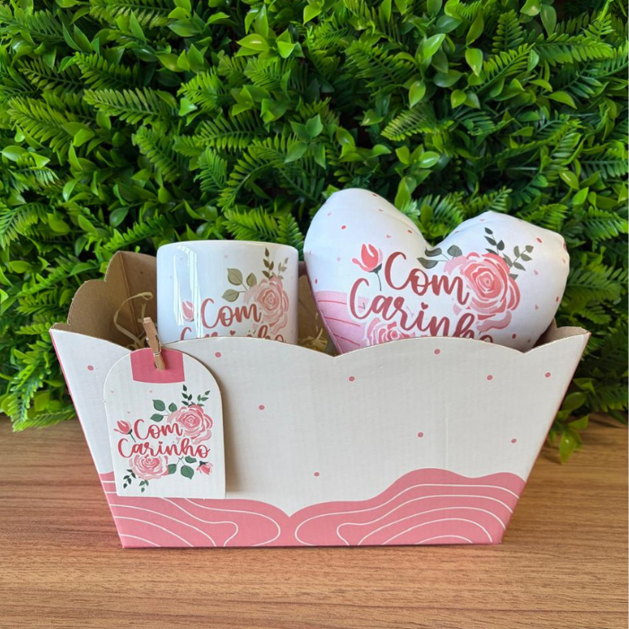 Combo868 - Caneca + cachepô duplo + mini almofada coração - Com carinho