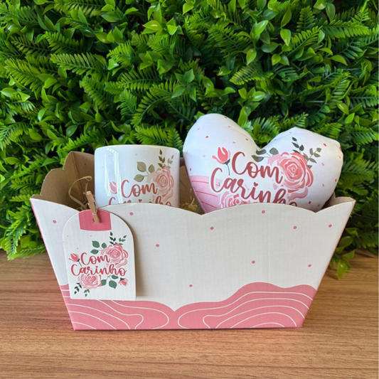Combo868 - Caneca + cachepô duplo + mini almofada coração - Com carinho