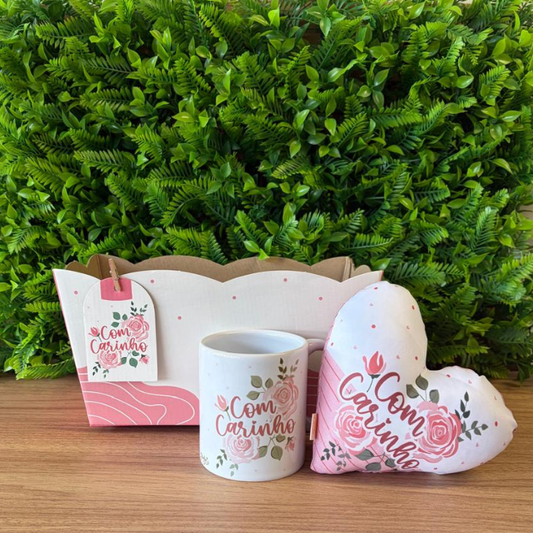 Combo868 - Caneca + cachepô duplo + mini almofada coração - Com carinho