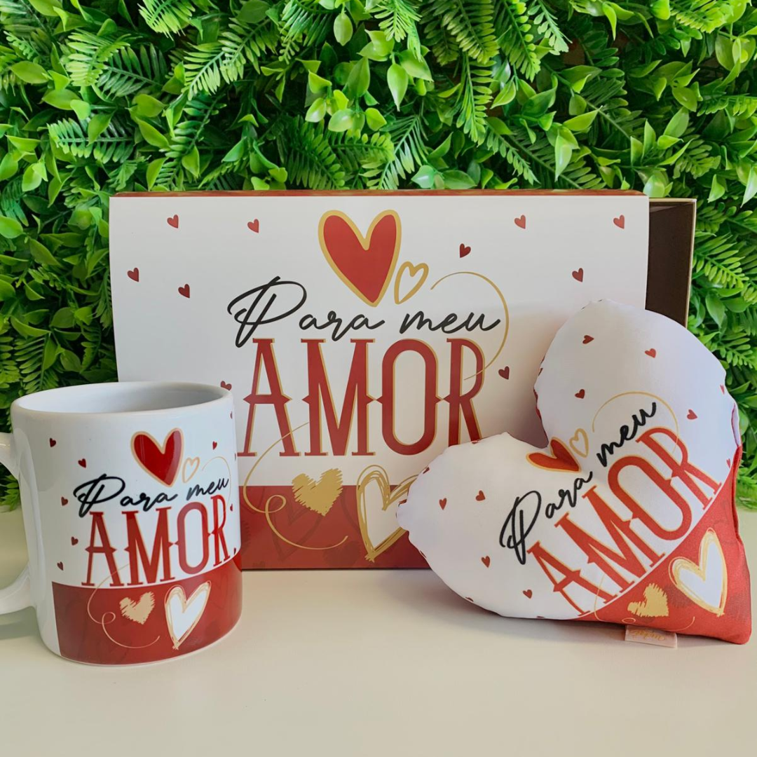 Caixa presente + Caneca + Almofada mini coração- Para meu amor - Combo - KITCXC734