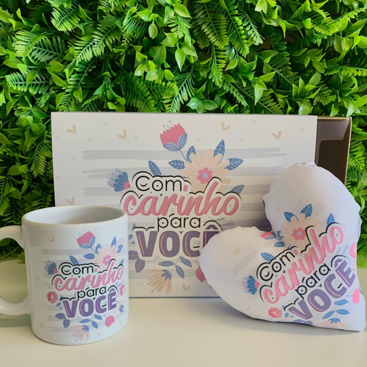 Caixa presente + Caneca + Almofada mini coração - Com carinho para você - Combo - KITCXC736