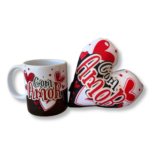 Caneca + Almofada mini coração - Com amor - KITCM670A