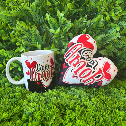 Caneca + Almofada mini coração - Com amor - KITCM670A
