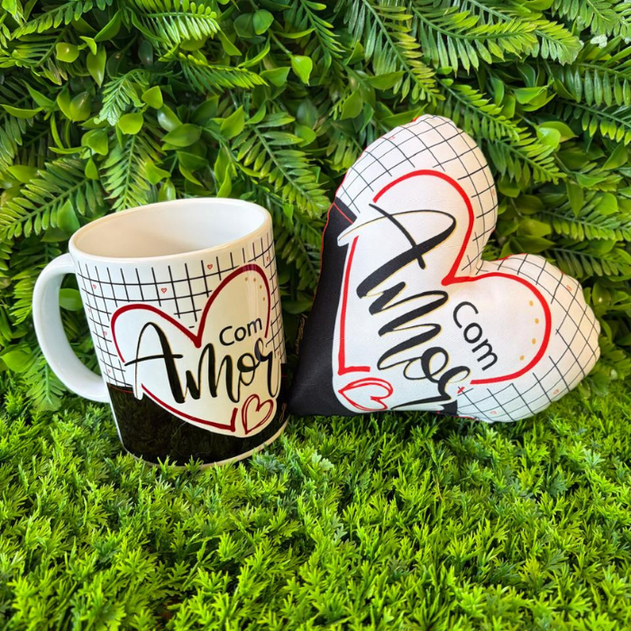 Caneca + Almofada mini coração - Com amor - KITCM735