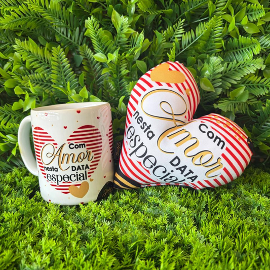 Caneca + Almofada mini coração - Com amor nesta data especial - KITCM745