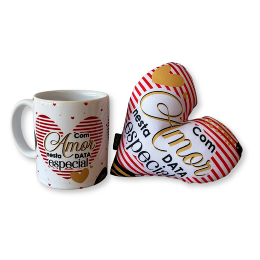 Caneca + Almofada mini coração - Com amor nesta data especial - KITCM745