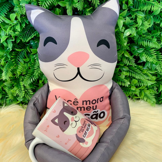Caneca + Almofada grudadinho - Gato - Você mora no meu coração - KIT794