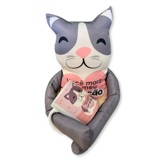 Caneca + Almofada grudadinho - Gato - Você mora no meu coração - KIT794