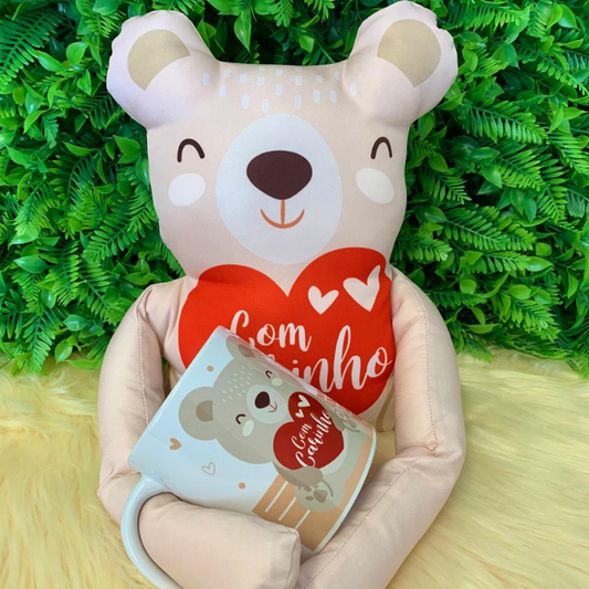 Caneca + Almofada grudadinho - Urso bege/com carinho - KIT797