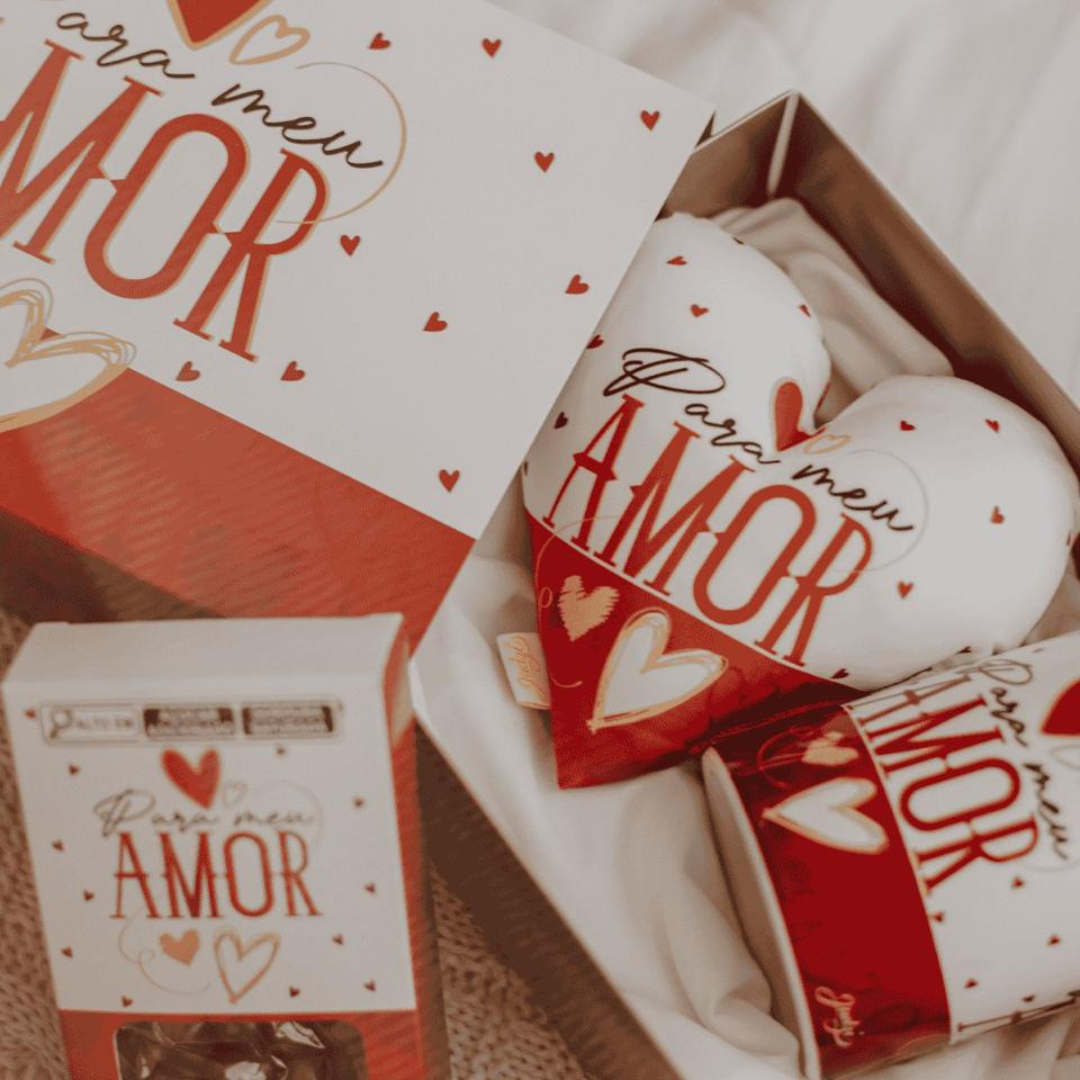 Caixa presente + Caneca + Almofada mini coração- Para meu amor - Combo - KITCXC734
